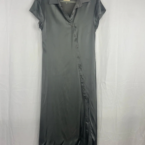 NWT Chaser Silky Shiny Gray Short Sleeve Beck Midi Shirt Dress Size Small - Picture 2 of 8